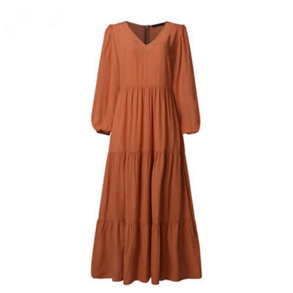 New! Boho Tan/brown Long Sleeve Maxi Dress - Picture 2 of 6